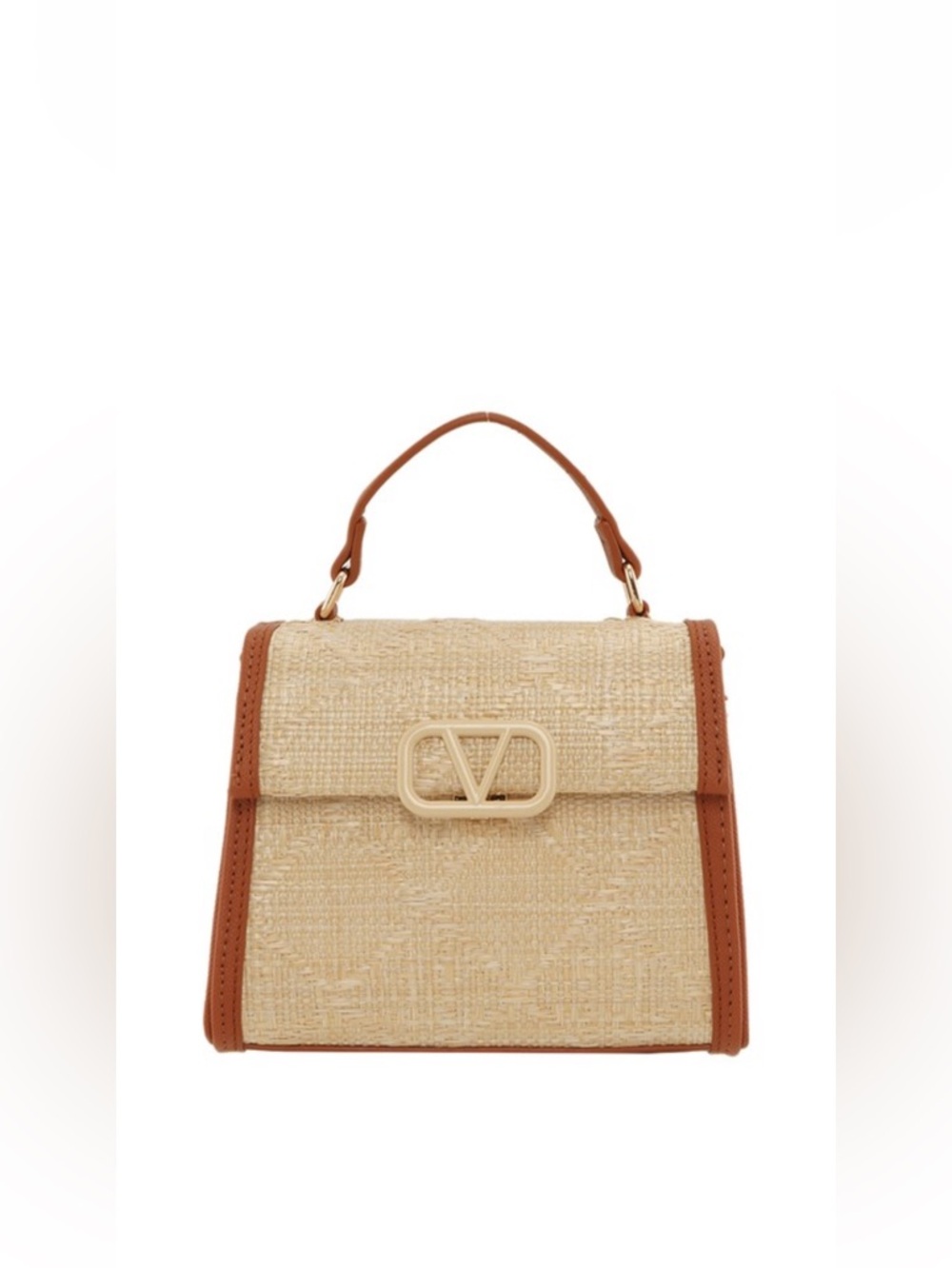 ShopEvelynne Beige Straw Satchel with Tan Trim
